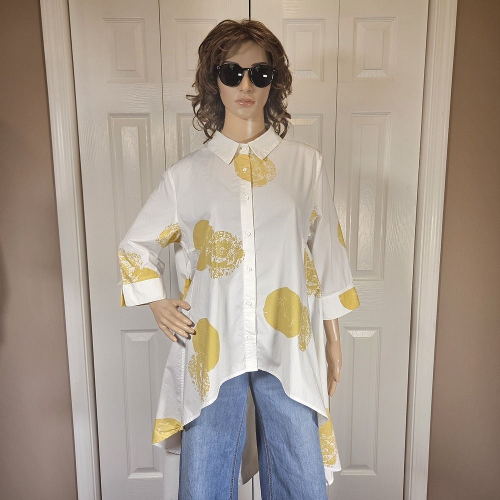P. Luca Milano White Yellow Polka Dot High Low Button Down Shirt Tunic Cotton L
